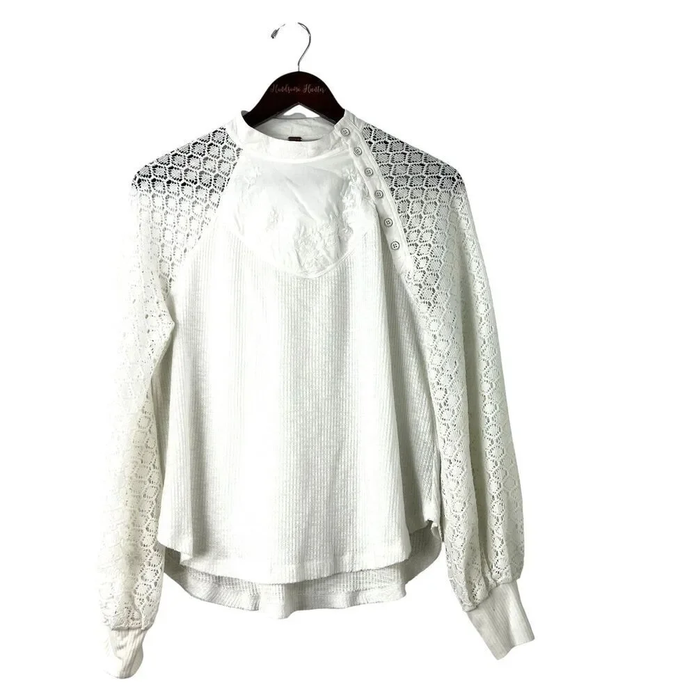 Free‎ People Sweetest Thing White Lace Thermal Top Sz S Boho Long Sleeve 1383R2